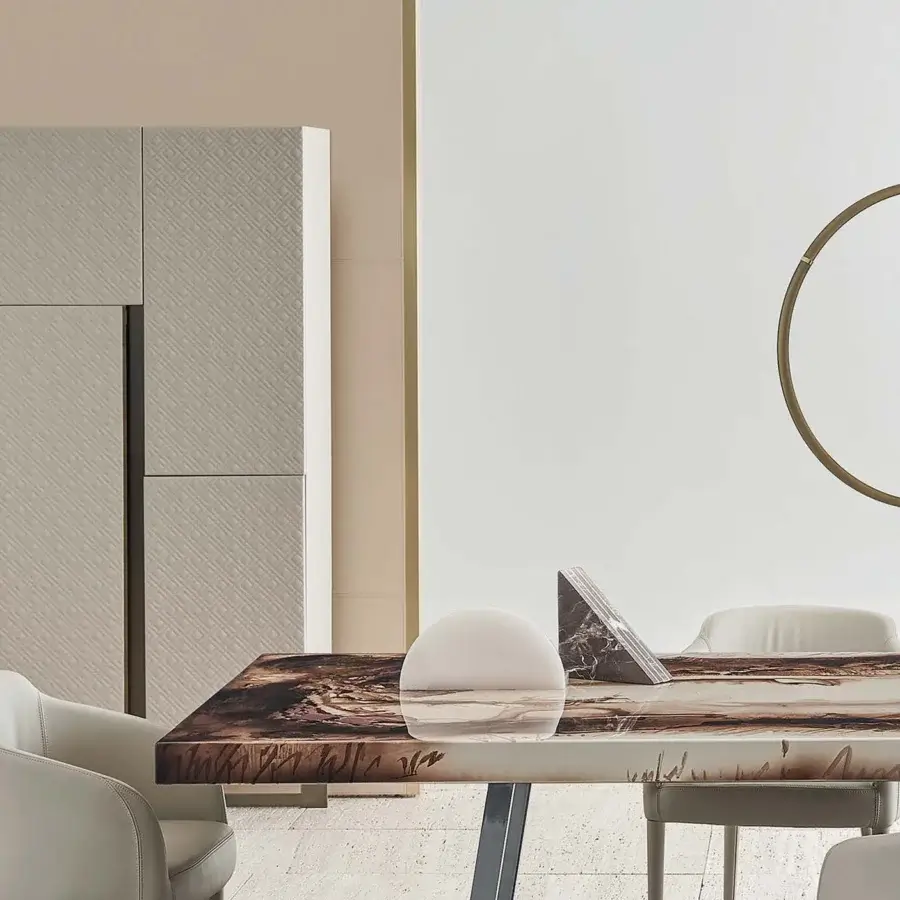 Distinguished Rugiano Blade cupboard with Decoro Painted wood doors, metallic base, functional drawer and six shelves in light gray finish