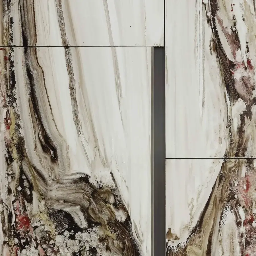 Exceptional Rugiano Blade cupboard with Decoro Painted wood structure and doors in abstract marble effect with metallic base