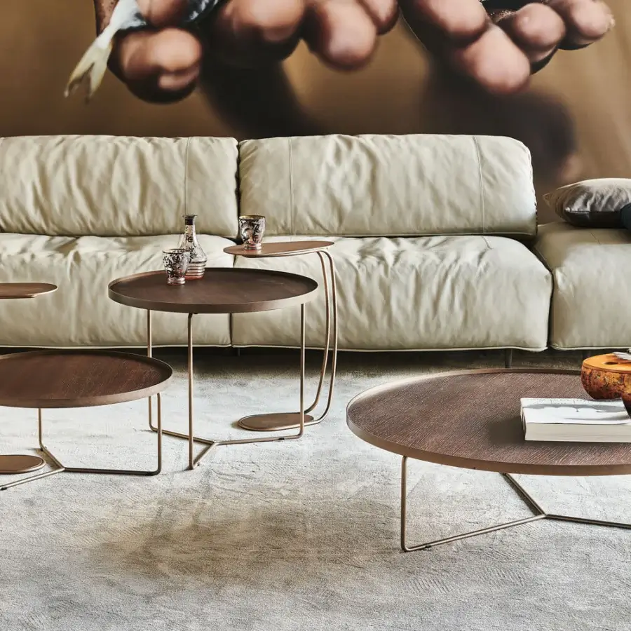 Sophisticated Cattelan Italia Billy Wood coffee table with dark brown wood and brushed bronze metal base crafted in an X-shaped design