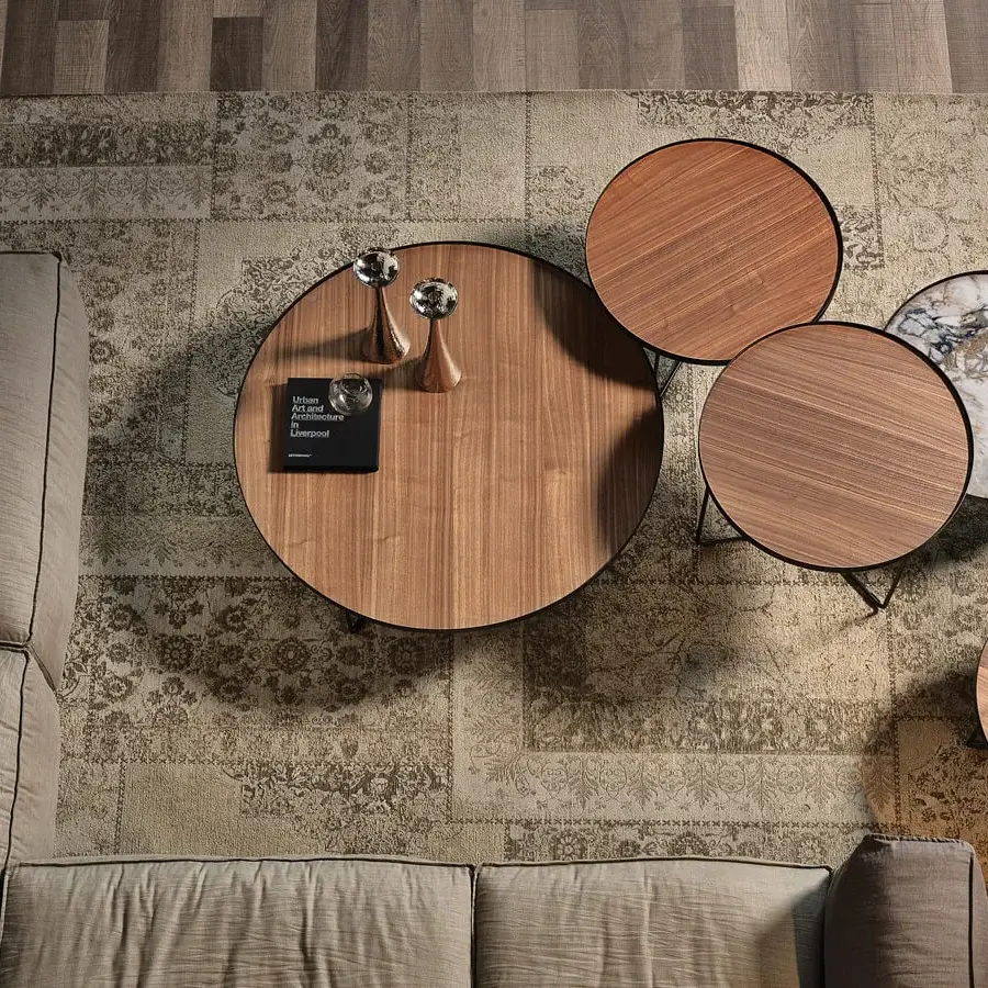 Distinguished Cattelan Italia Billy Wood coffee table with a precious wooden top and brushed finish dark metal legs