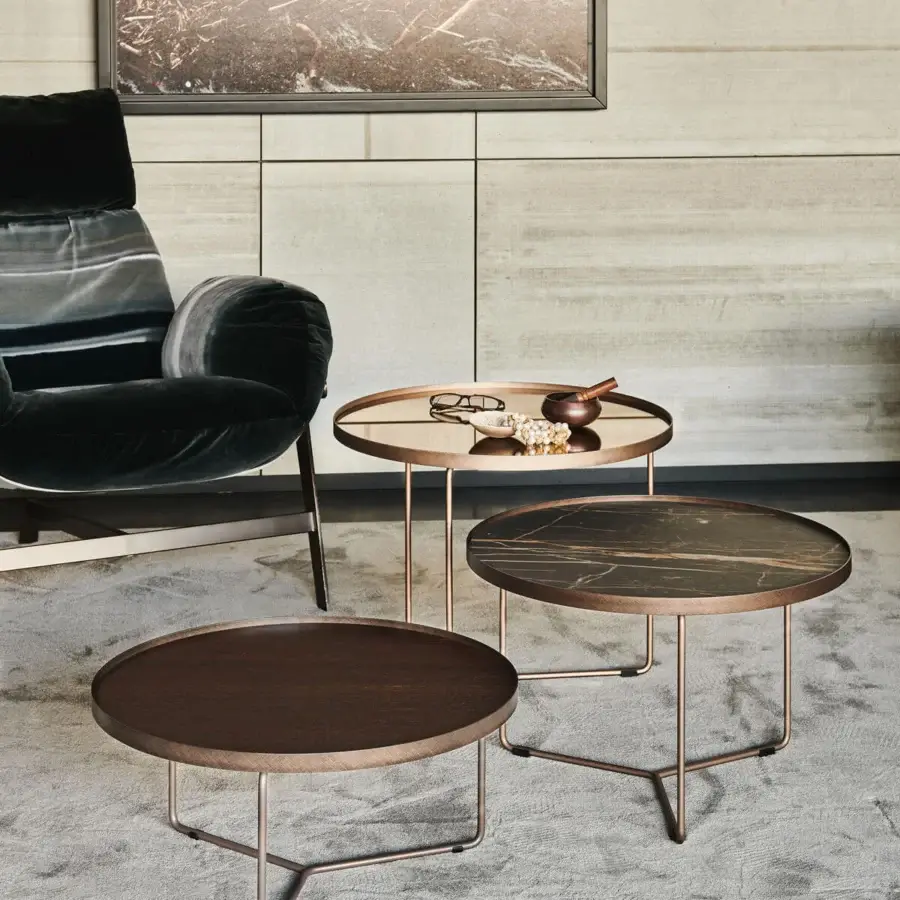 Exceptional Cattelan Italia Billy Wood coffee table with a dark brown wooden top and skillfully crafted brushed metal base