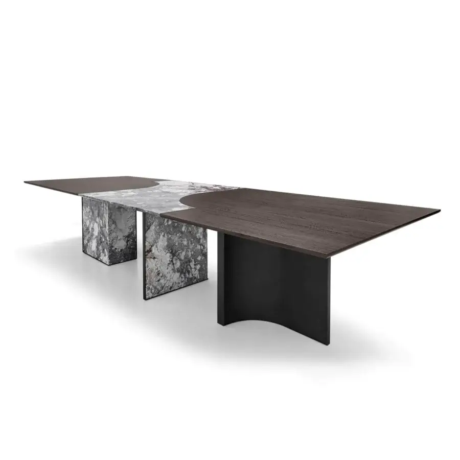 Distinguished Arketipo Millennium table with rectangular marble top inlaid dark wood segments and matte finish legs