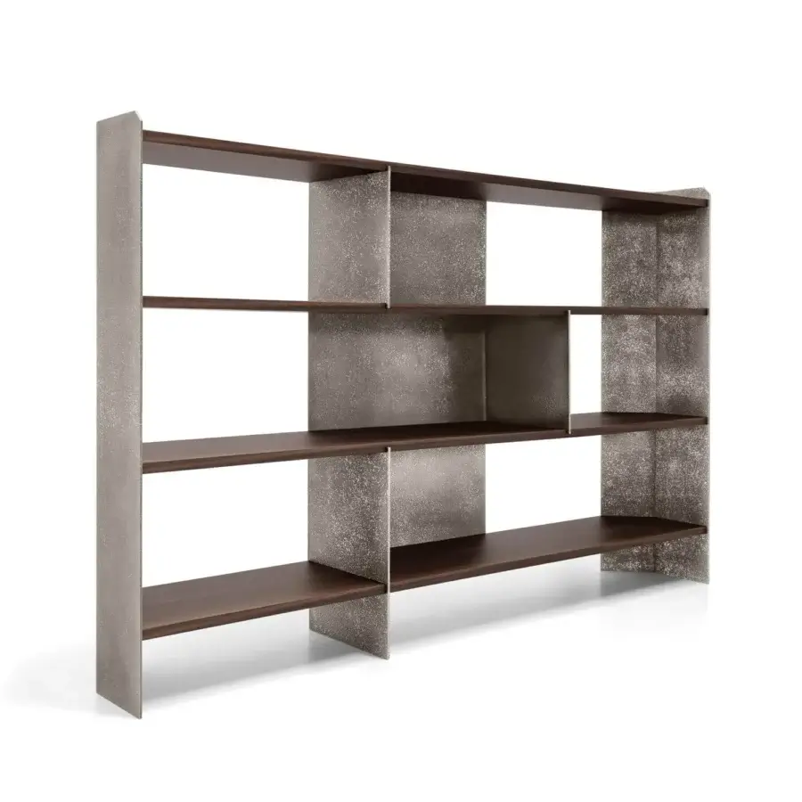 Exceptional Arketipo Carter bookcase with exotic wood shelves and texturized metal panels in speckled gray and dark brown finish