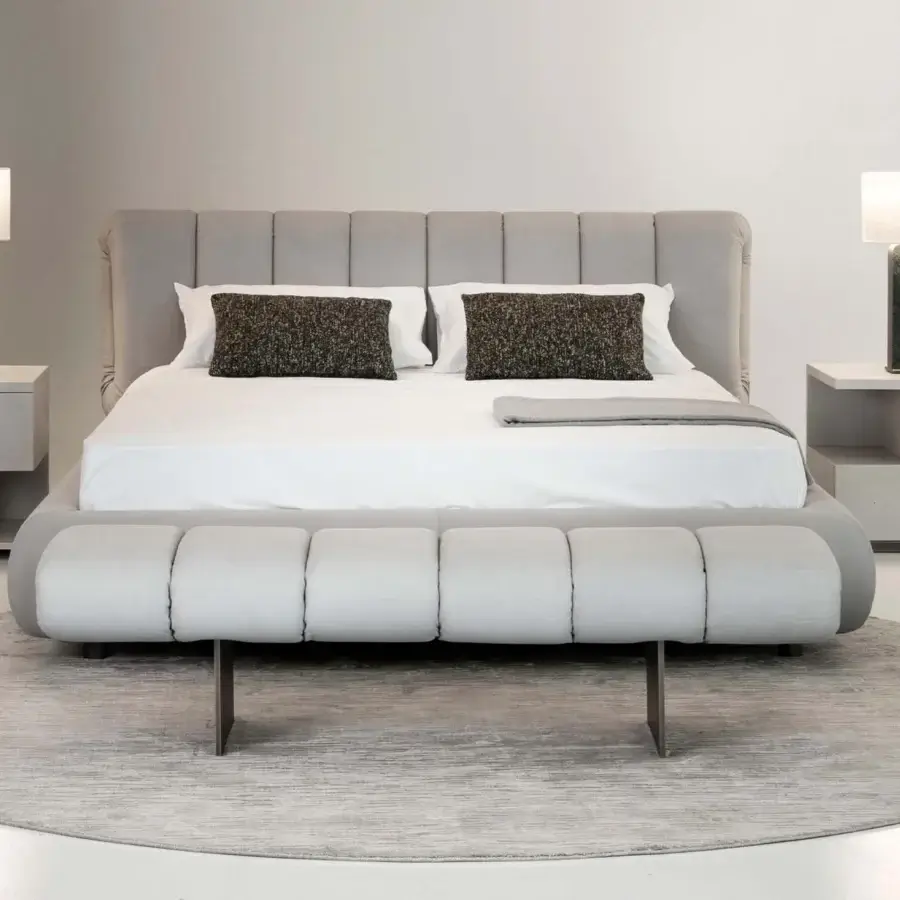 Distinguished Rugiano Snake bed with low profile frame upholstered in sleek gray textile evoking modern Italian style