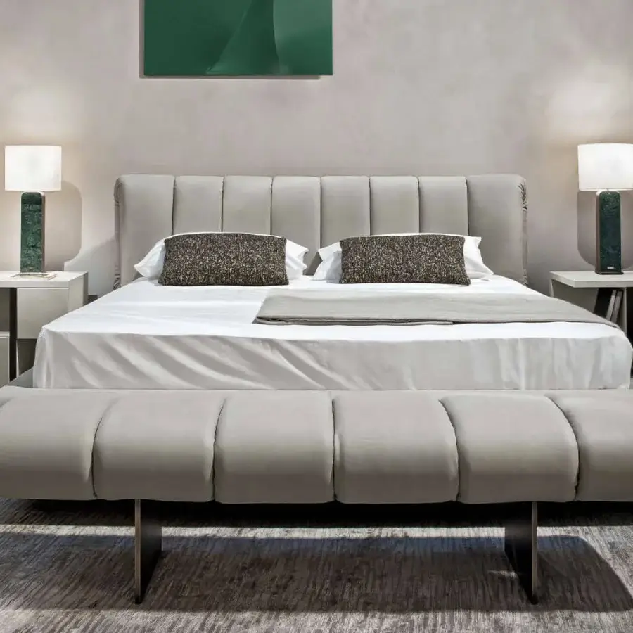Superior Rugiano Snake bed with comfortable minimalist form upholstered in light gray textile and vertical padded panels crafted in Italy