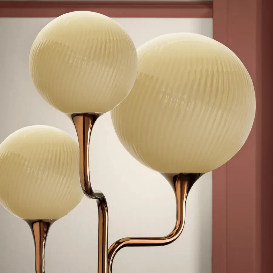 Exceptional Masiero Tee floor lamp with luminous creamy ridged shades and glossy copper-colored metal frame