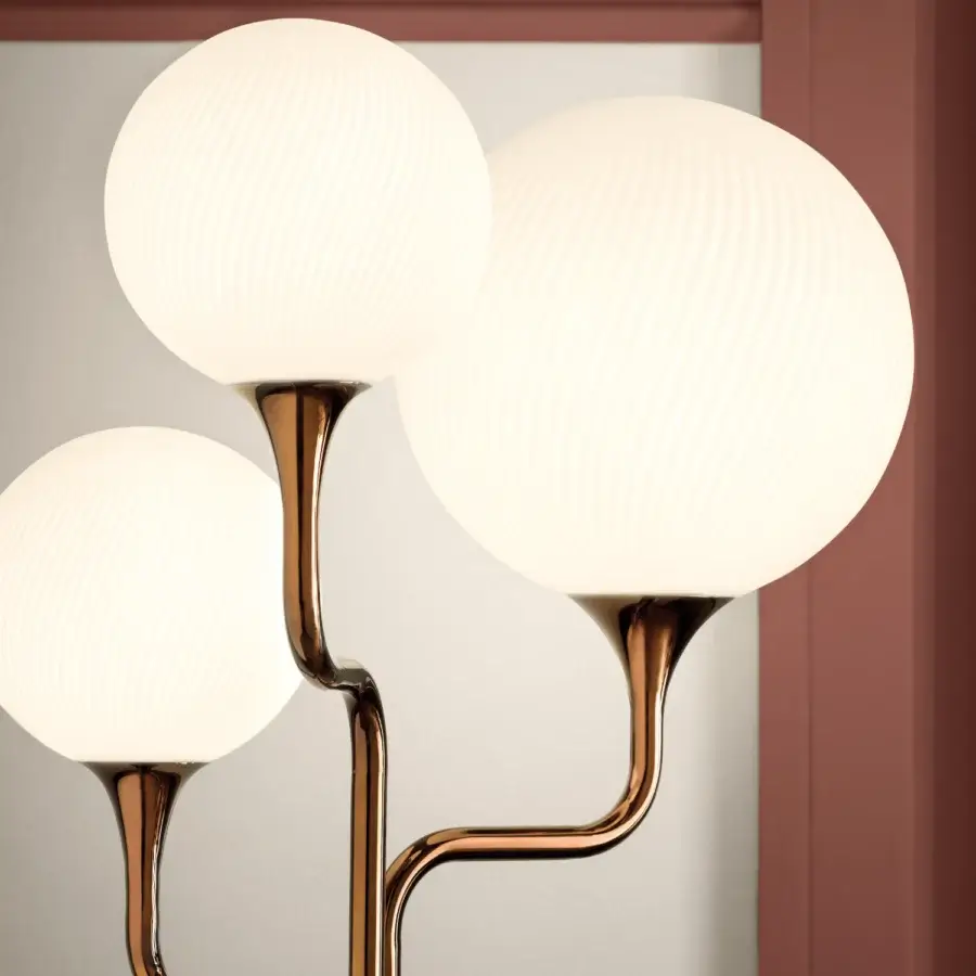 Superior Masiero Tee floor lamp with three luminous ribbed spheres and glossy copper-toned metal structure