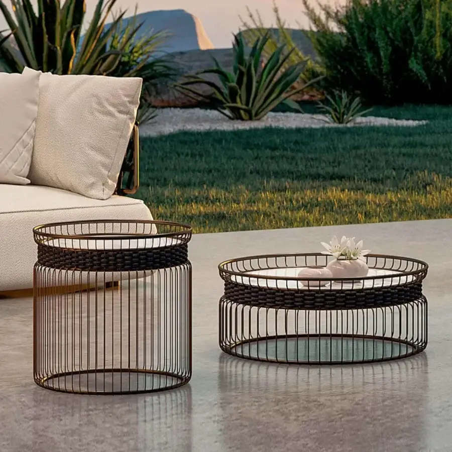 Distinctive Rugiano Ciglia coffee table with hand-welded bronze metal tubes and hand-braided grey rope, topped with a light surface