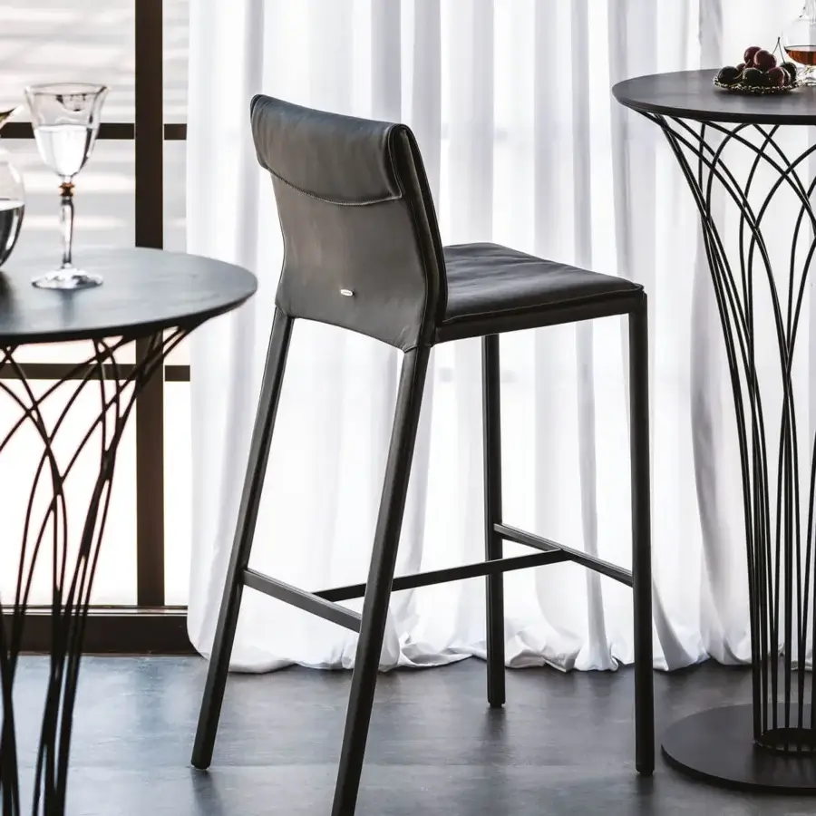Exceptional Cattelan Italia Isabel stool with dark gray or black leather upholstery and matte metal frame