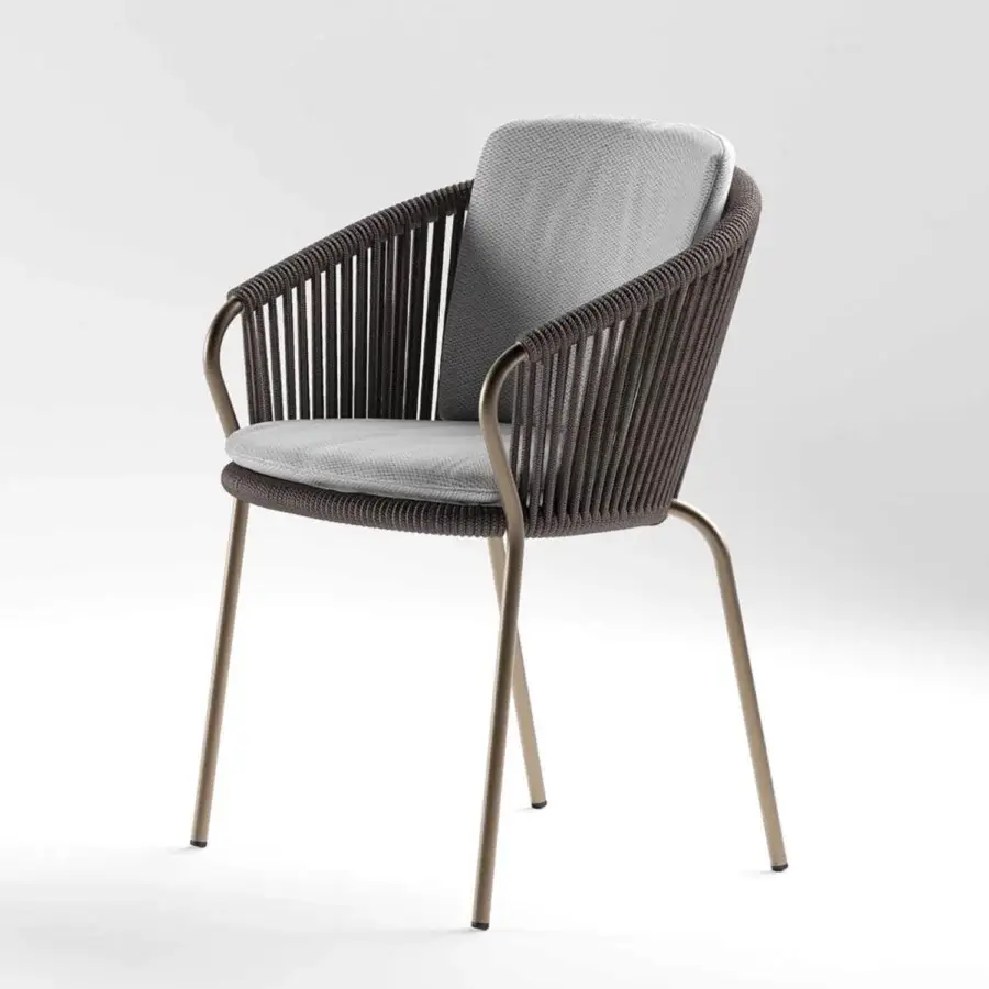 Elegant Rugiano Minerva armchair with hand-braided grey rope and outdoor bronze metal structure crafted in Italy