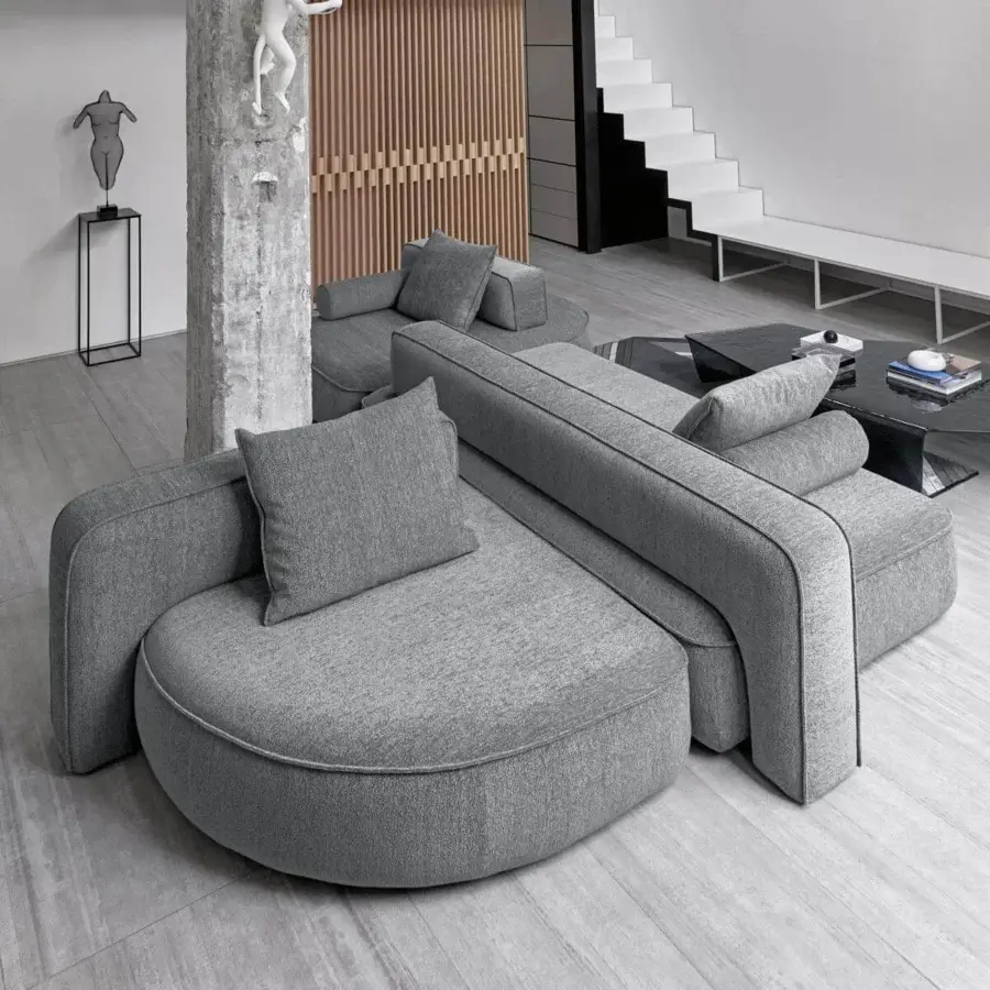Exceptional Arketipo Back Pack sectional with soft cushions and refined covers in sophisticated gray textile with dark trim