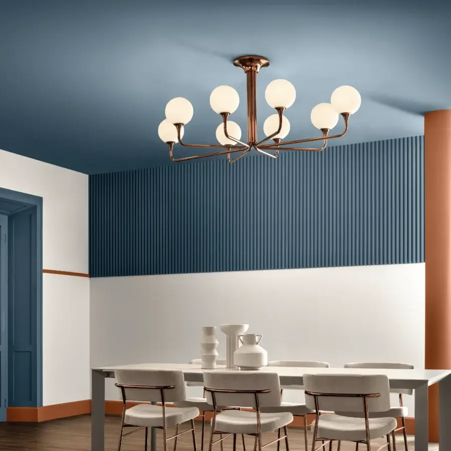 Distinguished Masiero Tee Oval ceiling lamp with metal structure and glass spheres in copper finish