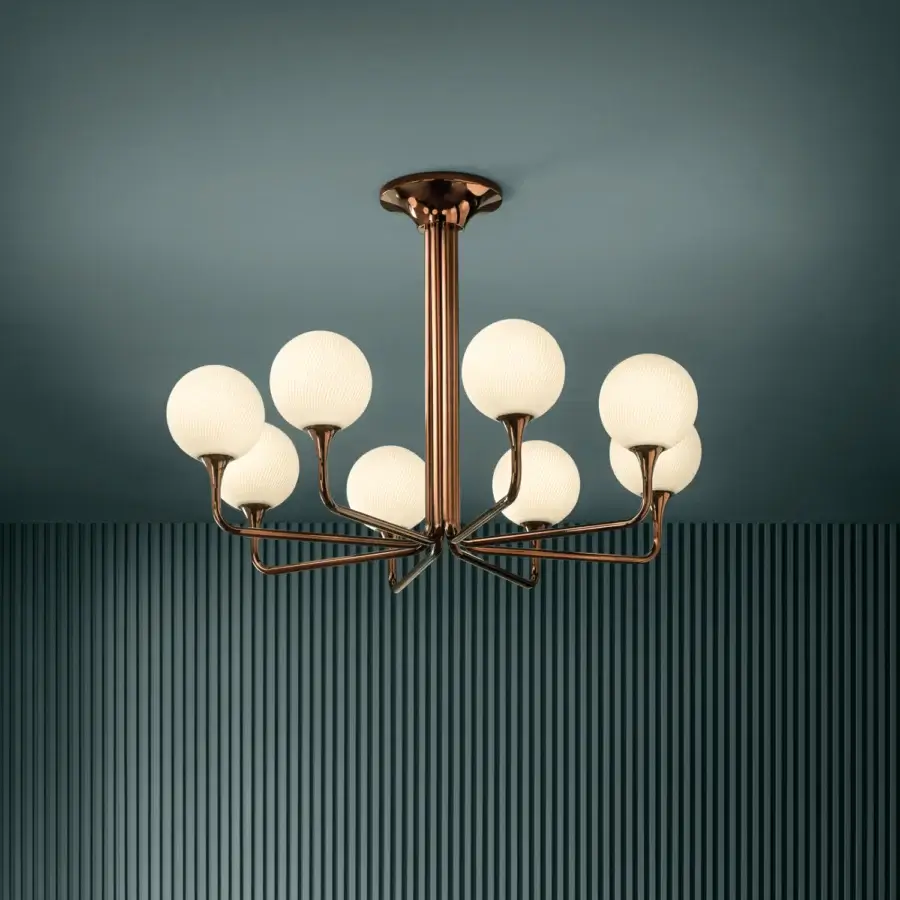 Superior Masiero Tee Round ceiling lamp with polished metal and delicate spherical white glass shades in a copper-like finish