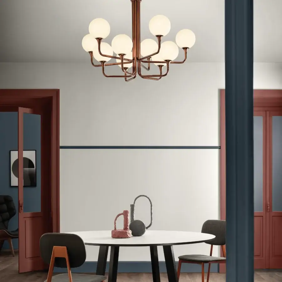 Exclusive Masiero Tee Round ceiling lamp with a polished metal structure and multiple spherical shades in copper tone