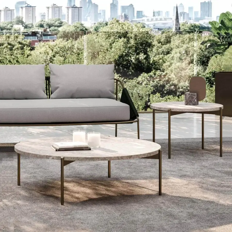 Sophisticated Rugiano Apollo coffee table with round ceramic or marble top and outdoor Bronze-finish metal legs