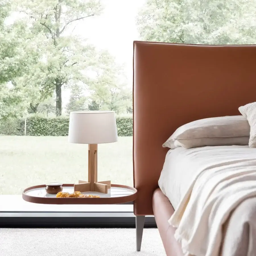 Superior Presotto Siena bed with metal and wood structure, cushioned headboard, and matte synthetic leather upholstery in pewter finish