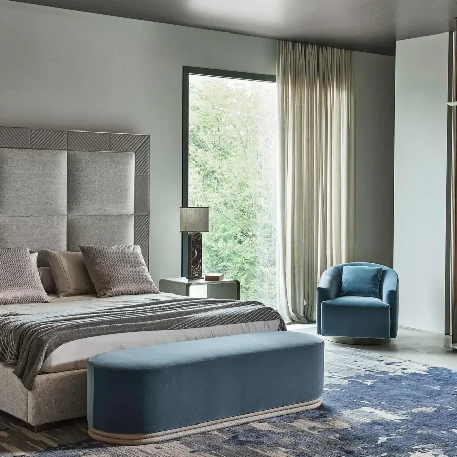 Exceptional Rugiano Aura bed with light gray wholly upholstered frame and embroidered geometric detailing