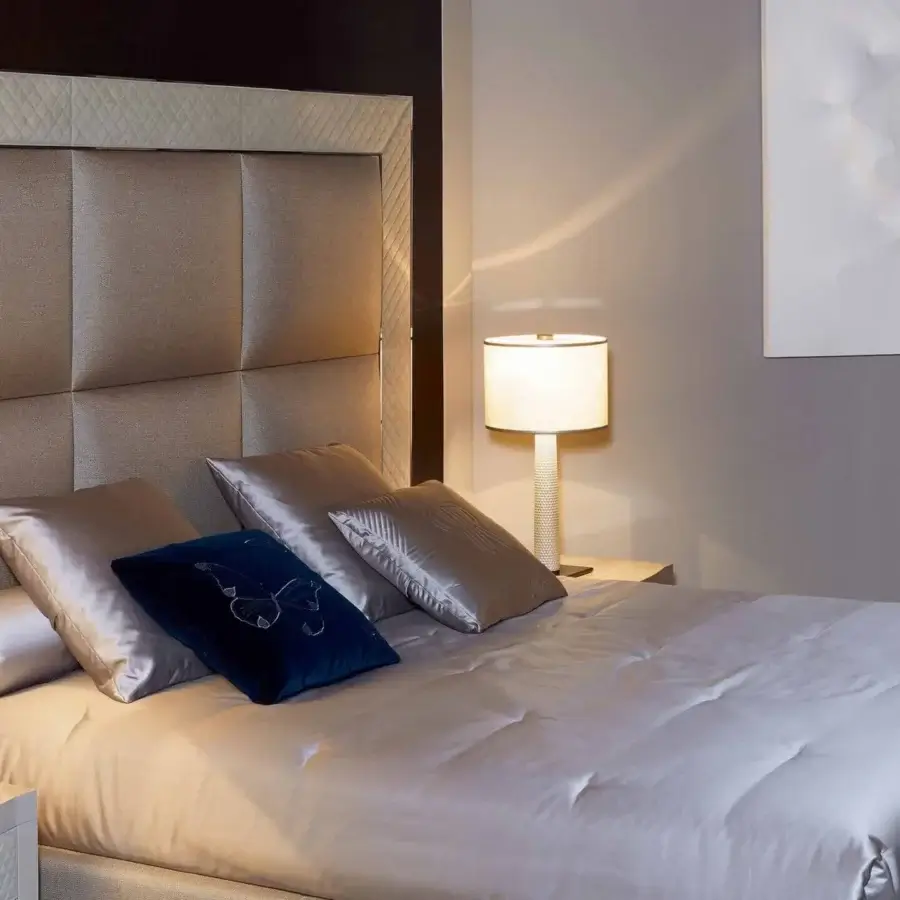 Lavish Rugiano Aura bed upholstered in lustrous light textile with an embroidered frame finish and a dark blue velvet butterfly pillow