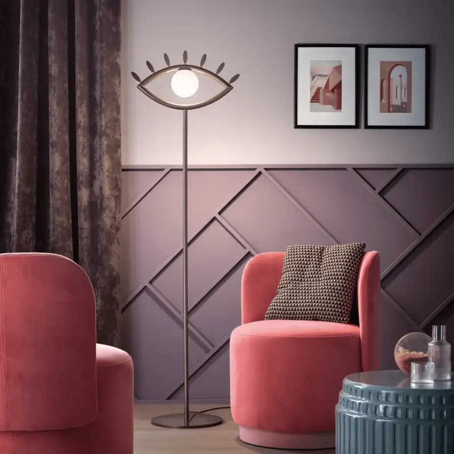 Distinguished Masiero Visio floor lamp with a unique eye-shaped design in painted metal and Murano glass diffuser