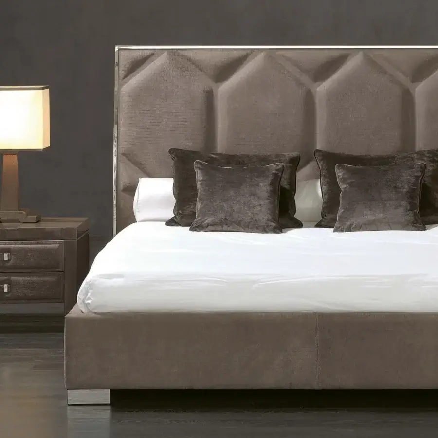 Exceptional Rugiano Souffle bed with wholly upholstered frame in textured medium brown and bronzed brass accents