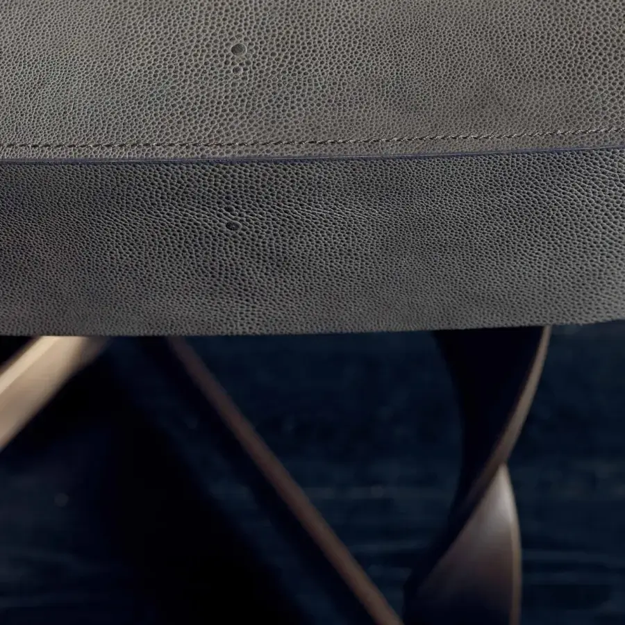 Exceptional Rugiano Pliet desk with textured grey Italian leather and bronzed brass spiral steel legs