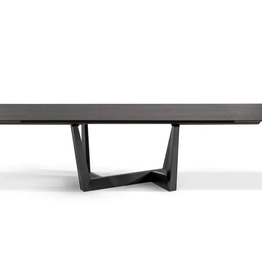 Sophisticated Bonaldo Art table with dark gray veneered wood and a visible wood grain finish, built with a striking metal trapezium base