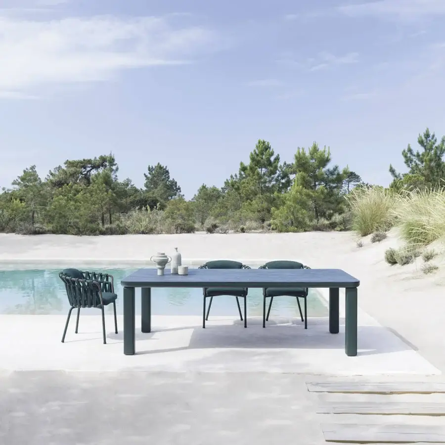 Exclusive Varaschin Customade table with muted blue-green aluminum structure and matte ceramic or HPL top