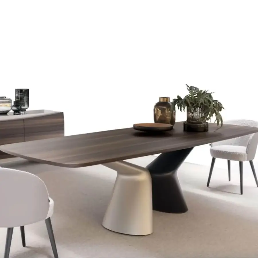 Distinctive Presotto Victor table with a dark brown surface and light gray with black pedestal base crafted in Italy