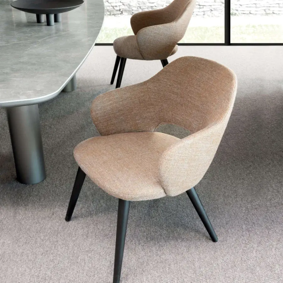 Elegant Presotto Verbena armchair crafted in Italy with light brown textured textile upholstery and black finished Ash legs