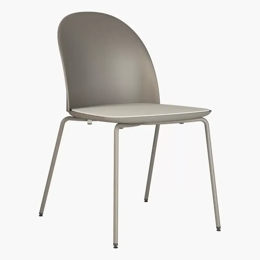 Superior Presotto Profilo Cristallo chair with light grey seat and backrest exhibiting an embossed arch motif and angled metal legs