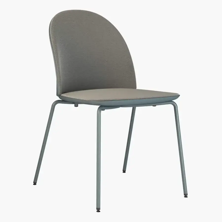Elegant Presotto Profilo Cristallo chair with medium gray fabric upholstery and muted blue-gray metal legs exhibiting an embossed arch motif