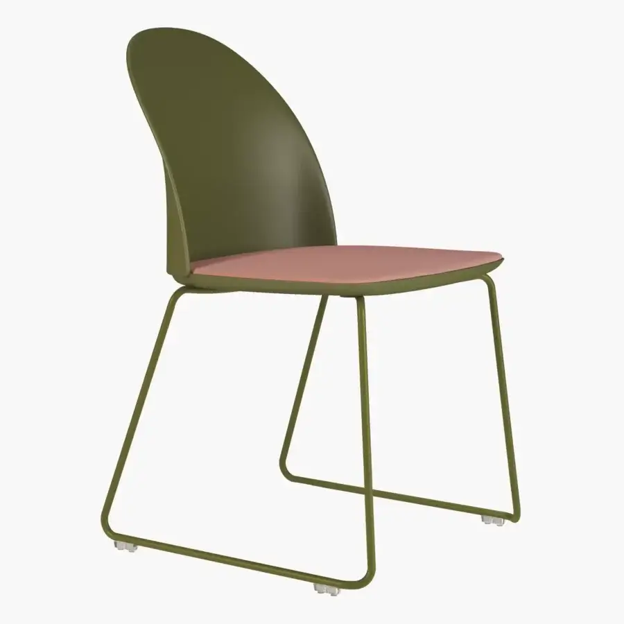 Sophisticated Presotto Profilo Cristallo chair with molded plastic back in olive green and rose-toned seat exhibiting embossed arch detail