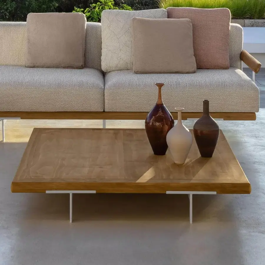 Exceptional Talenti Allure coffee table with a medium-toned brown solid wood top and light white aluminum legs