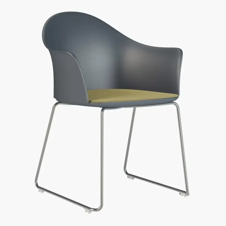 Sophisticated Presotto Profilo Tofane chair with dark gray shell and muted gold textile seat cushion built on a metal sled base