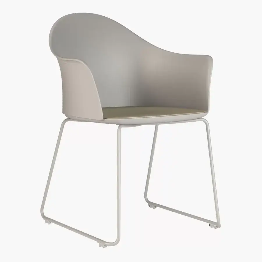 Elegant Presotto Profilo Tofane chair with light gray synthetic material, tan cushion and matte metal sled base crafted in Italy