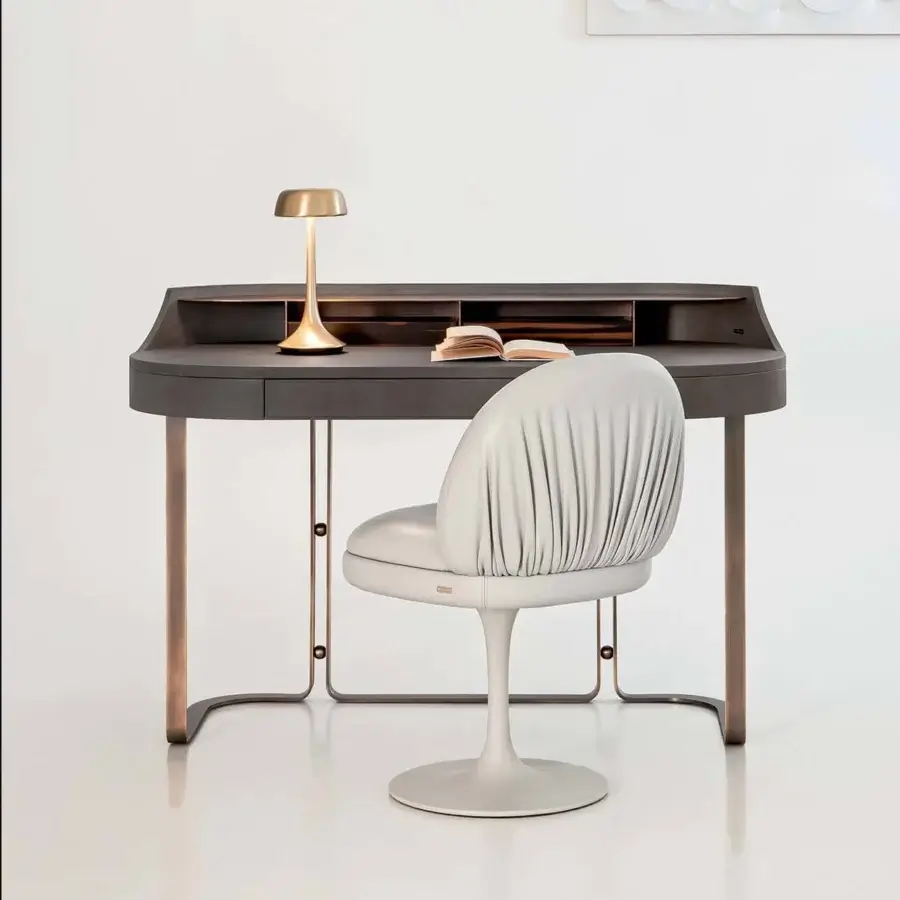 Distinguished Rugiano Roma desk with curved wood top covered in Italian leather and bronzed brass legs crafted in Italy