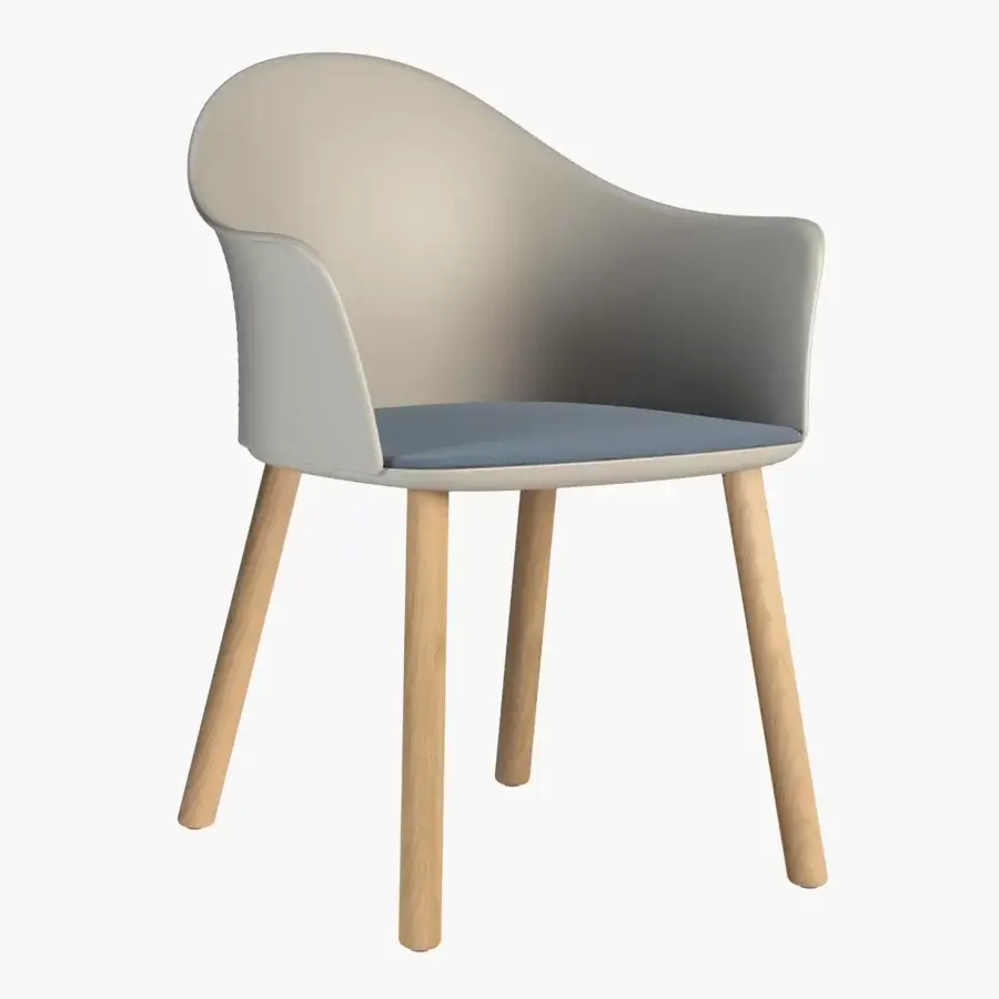 Elegant Presotto Profilo Tofane chair with organically curved silhouette in matte synthetic material and blue upholstery with light-toned wooden legs