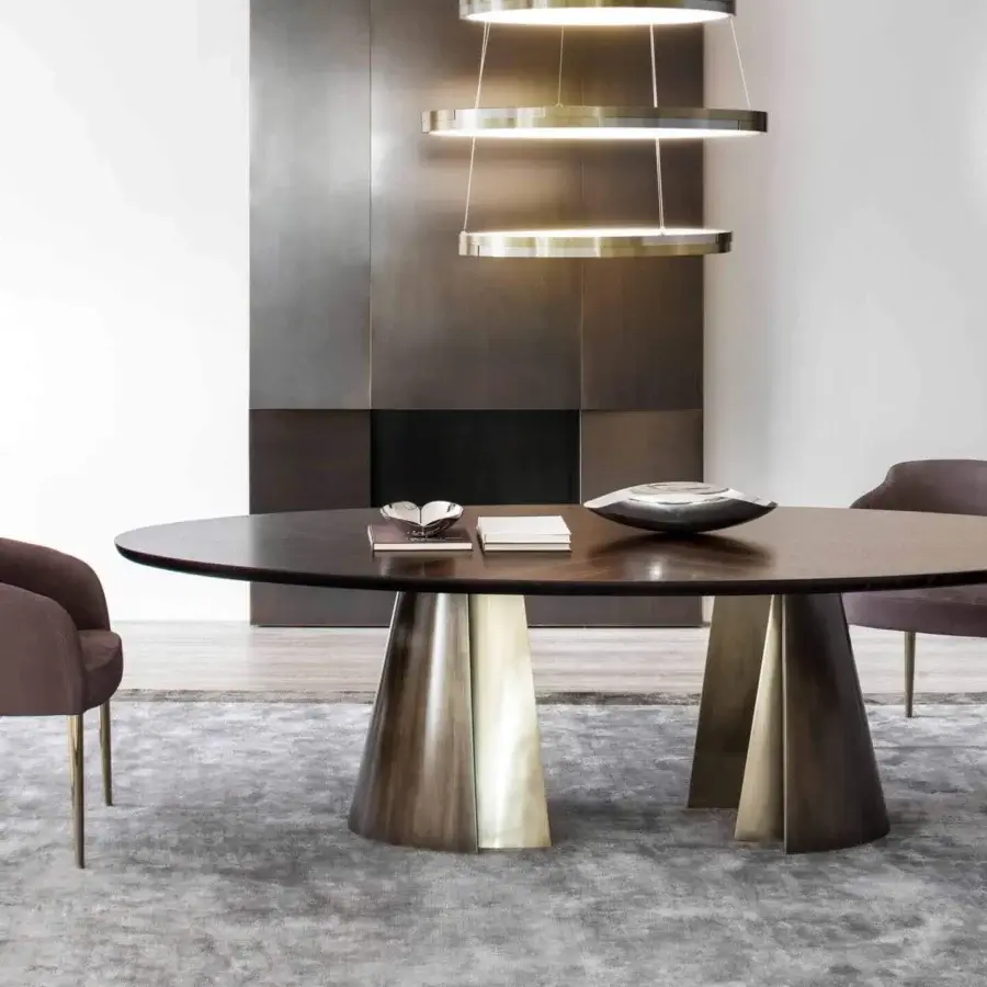 Superior Rugiano Absolute table with dark brown wood tabletop and light gold satin steel base crafted in Italy