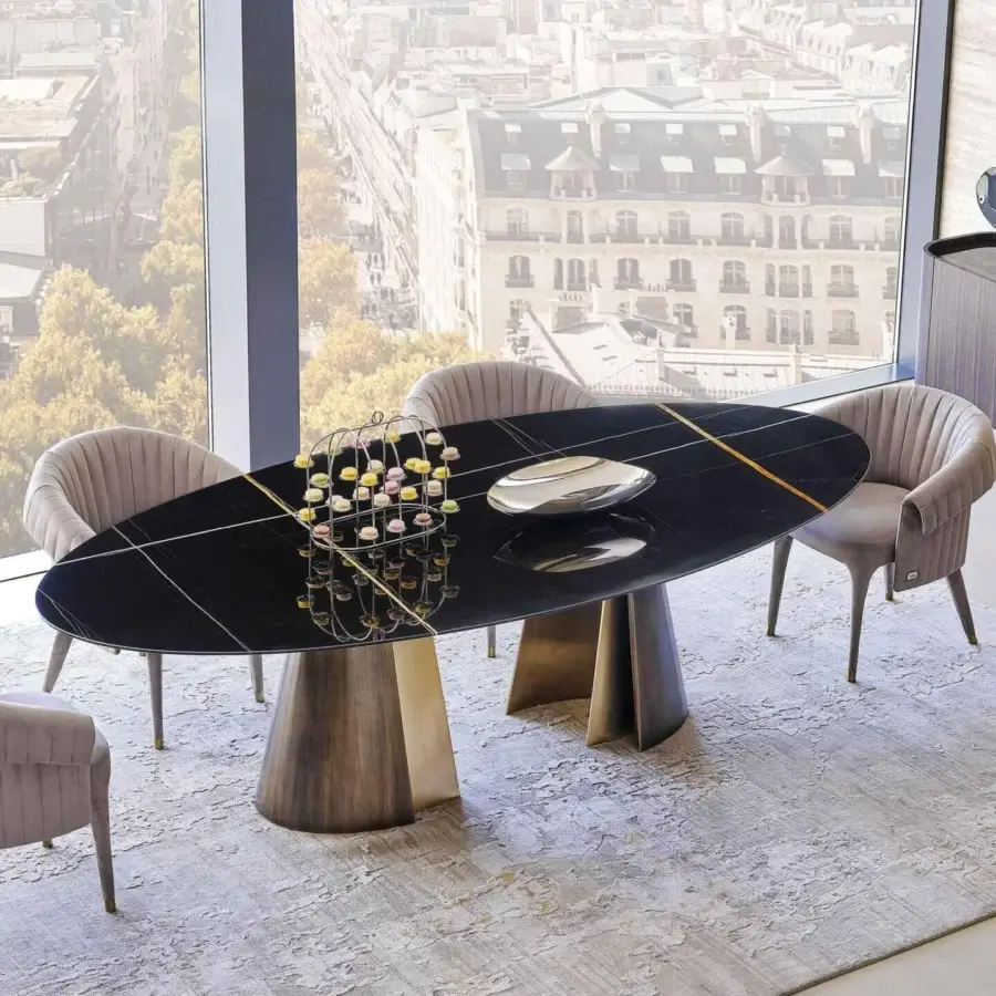 Lavish Rugiano Absolute table with glossy dark material tabletop and light metallic base crafted in Italy