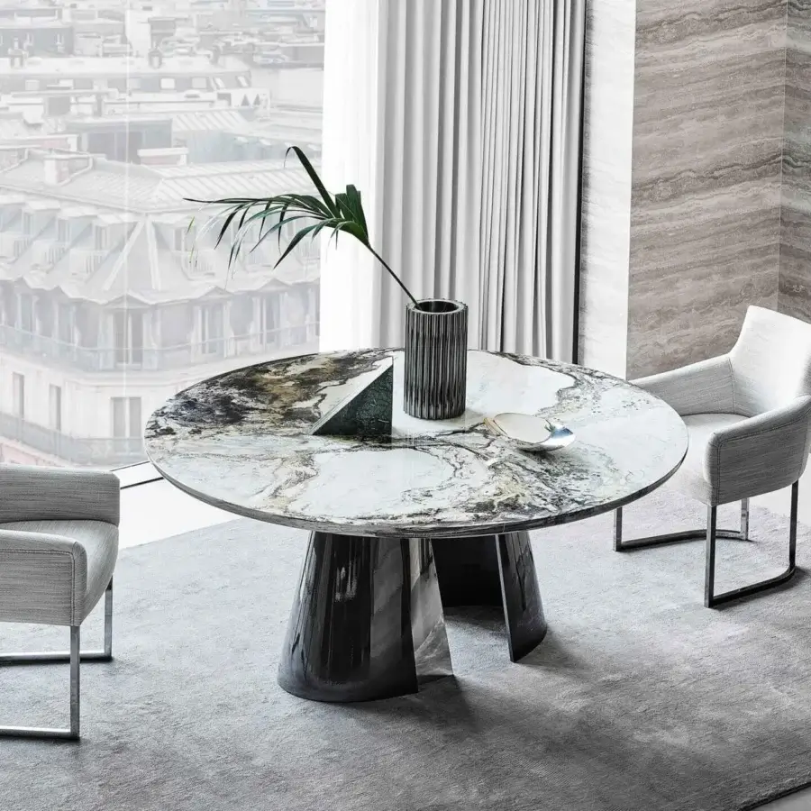 Distinguished Rugiano Absolute table with white, black and brown marble top and glossy dark metallic base crafted in Italy