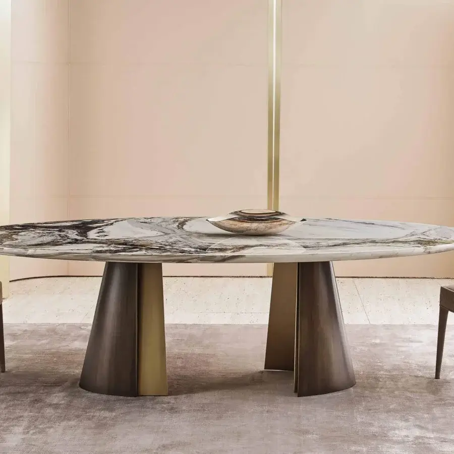 Exceptional Rugiano Absolute table with marbled top in white, gray and brown tones and smooth wood trapezoidal supports with brass accents