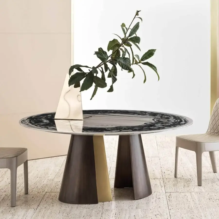 Distinguished Rugiano Absolute table with wood top exhibiting dark and light tones plus dark wood-like pedestals