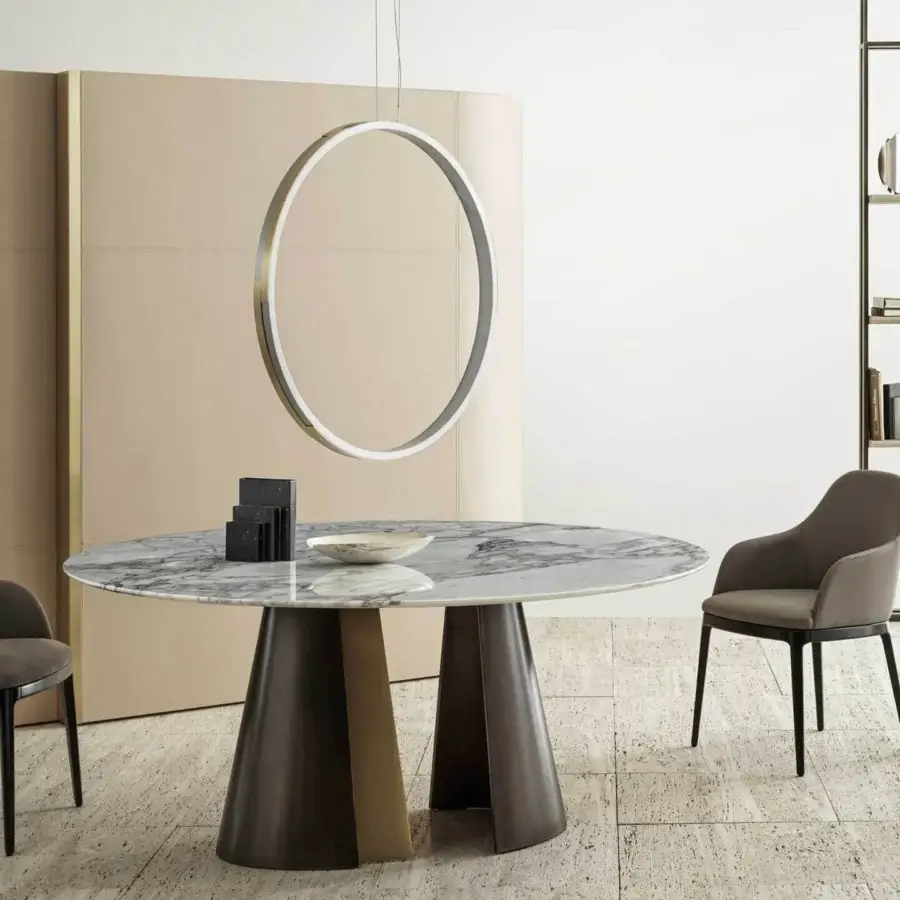 Superior Rugiano Absolute table with marble-patterned tabletop and conical wood and steel base