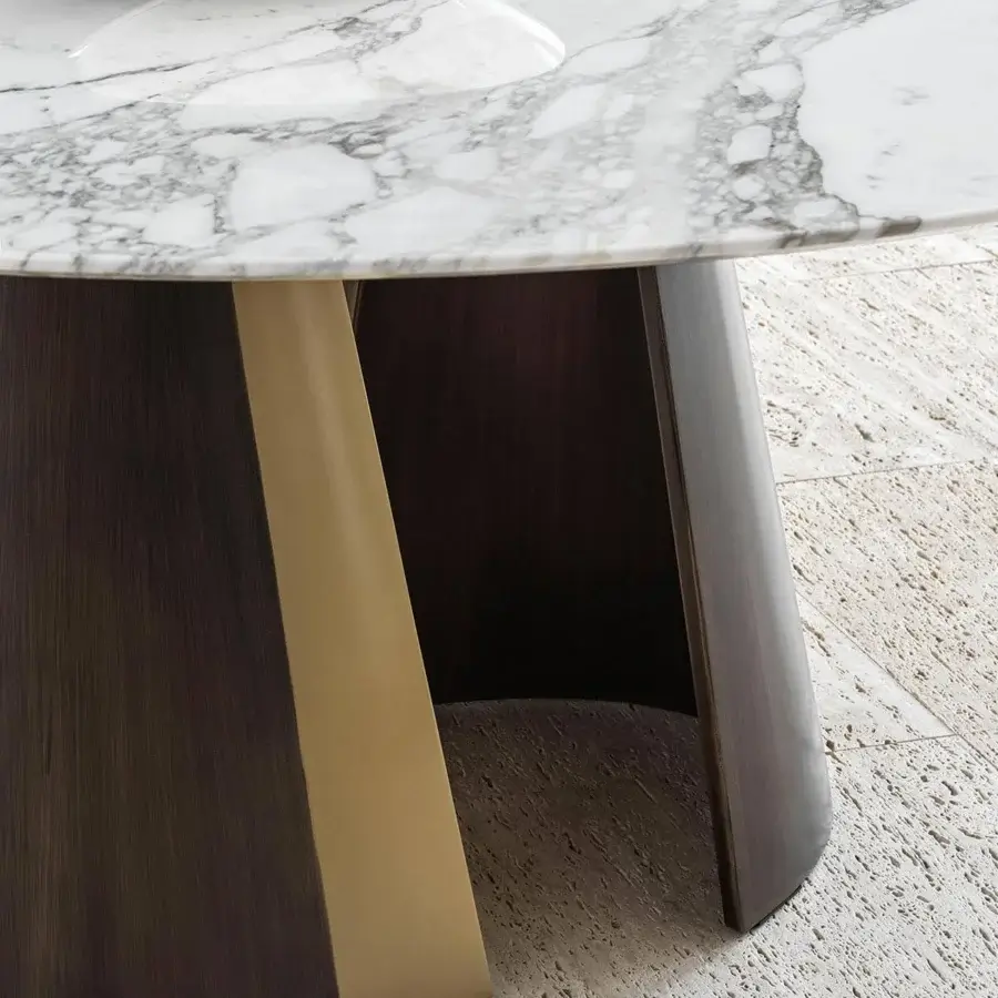 Distinguished Rugiano Absolute table with light marble tabletop and dark wood with steel base construction