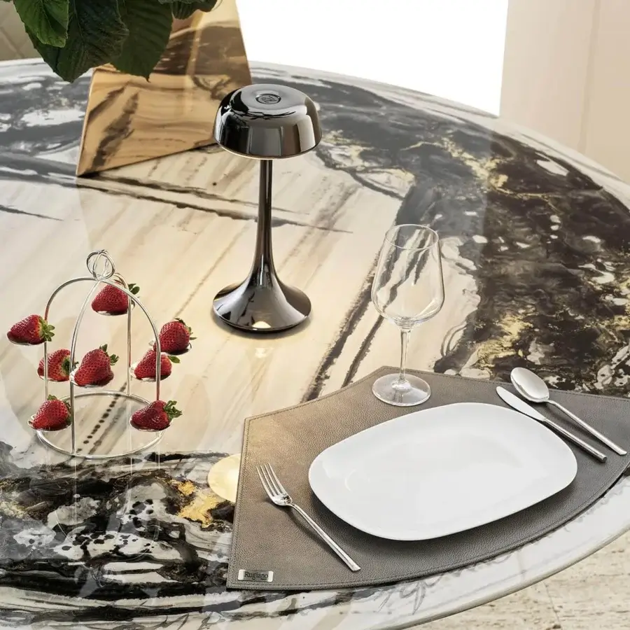 Exclusive Rugiano Absolute table with swirling white, beige, gold and black top in glossy finish and cylindrical matte wood support