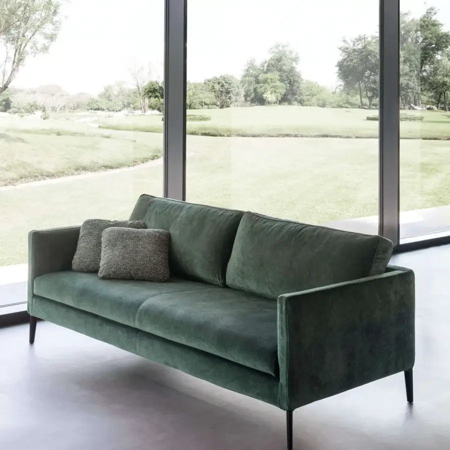 Lavish Presotto Raffaello sofa built in dark green textile with matte finish and black painted metal feet