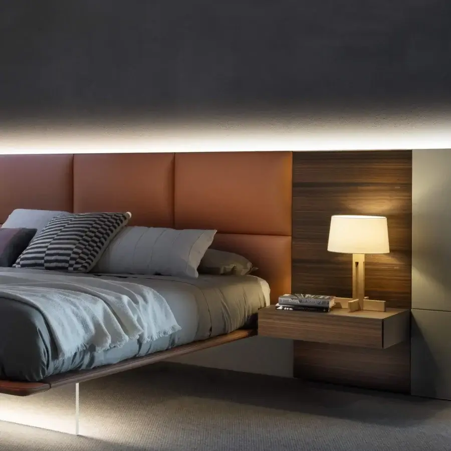 Exceptional Presotto Dama bed with wall-mounted brown upholstered headboard and integrated lighting built with a wood floating nightstand