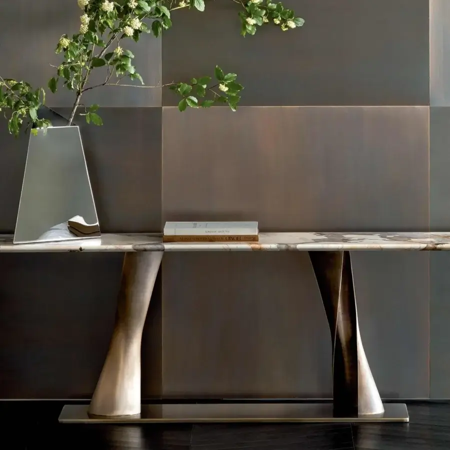 Superior Rugiano Rea console with oval marble top exhibiting varied brown and beige tones plus sculptural bronzed brass base