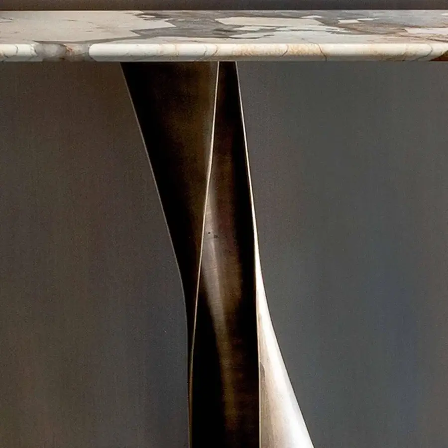 Distinguished Rugiano Rea console with variegated light and dark marble tabletop and twisting bronzed brass base