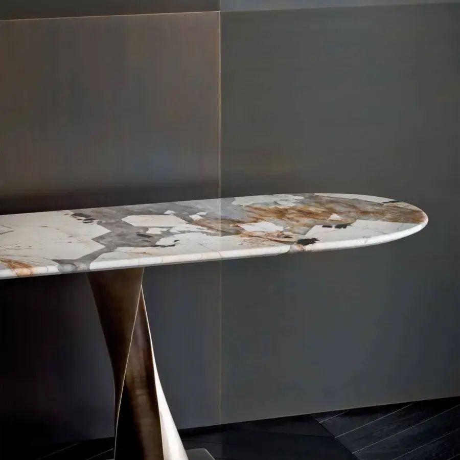 Exceptional Rugiano Rea console with oval white, gray and brown marble-like tabletop and bronzed brass twisted sculptural base with satin finish